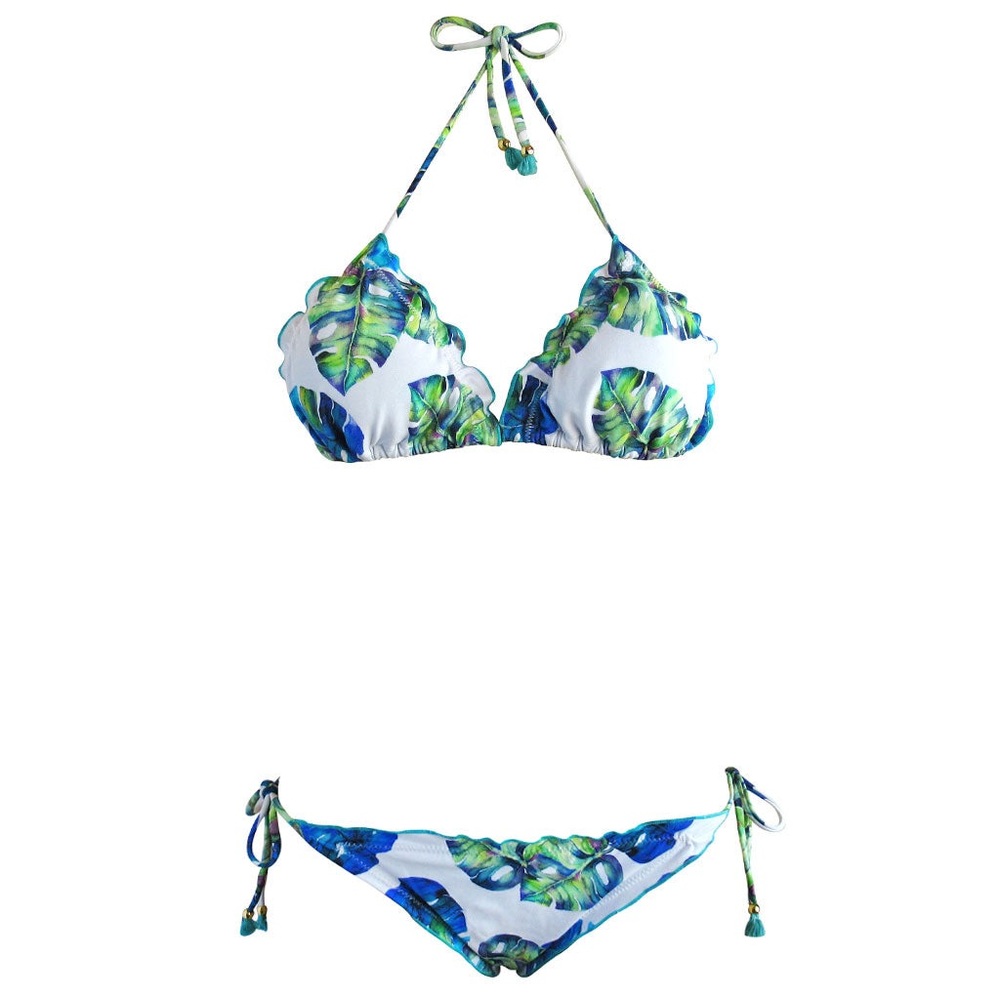 Brigitte Costela Ripple Tropical Leaf Print Triangle Brazilian Bikini w/ Tassels
